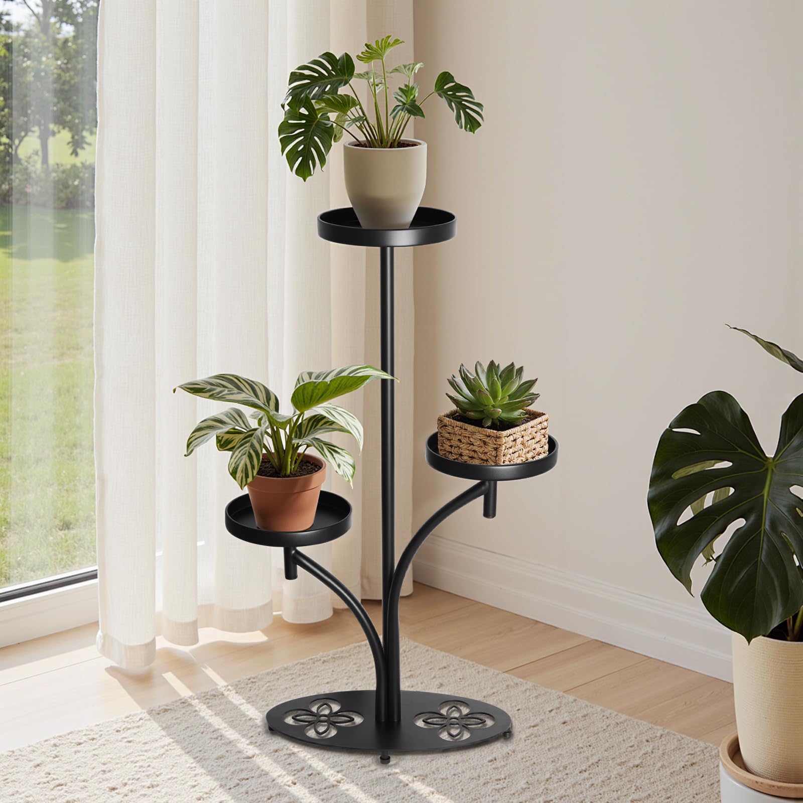 XZHXZH 3 Tier Metal Plant Stand black front view