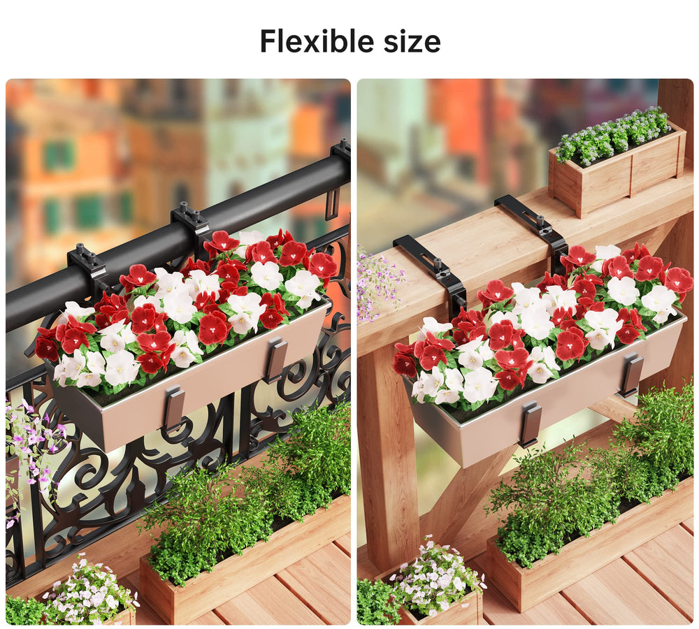 Y&M planter boxes mounted on a balcony with flowers