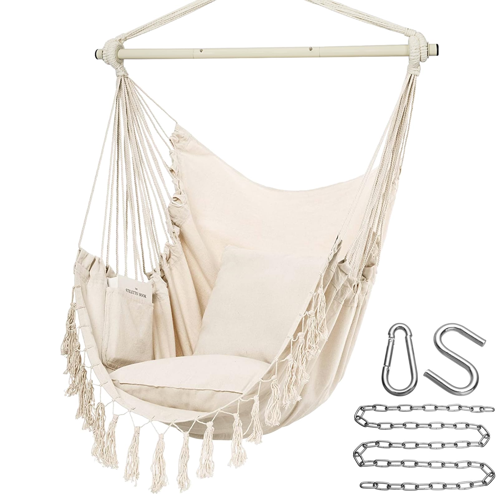 Y-STOP Hammock Chair beige front view with cushions