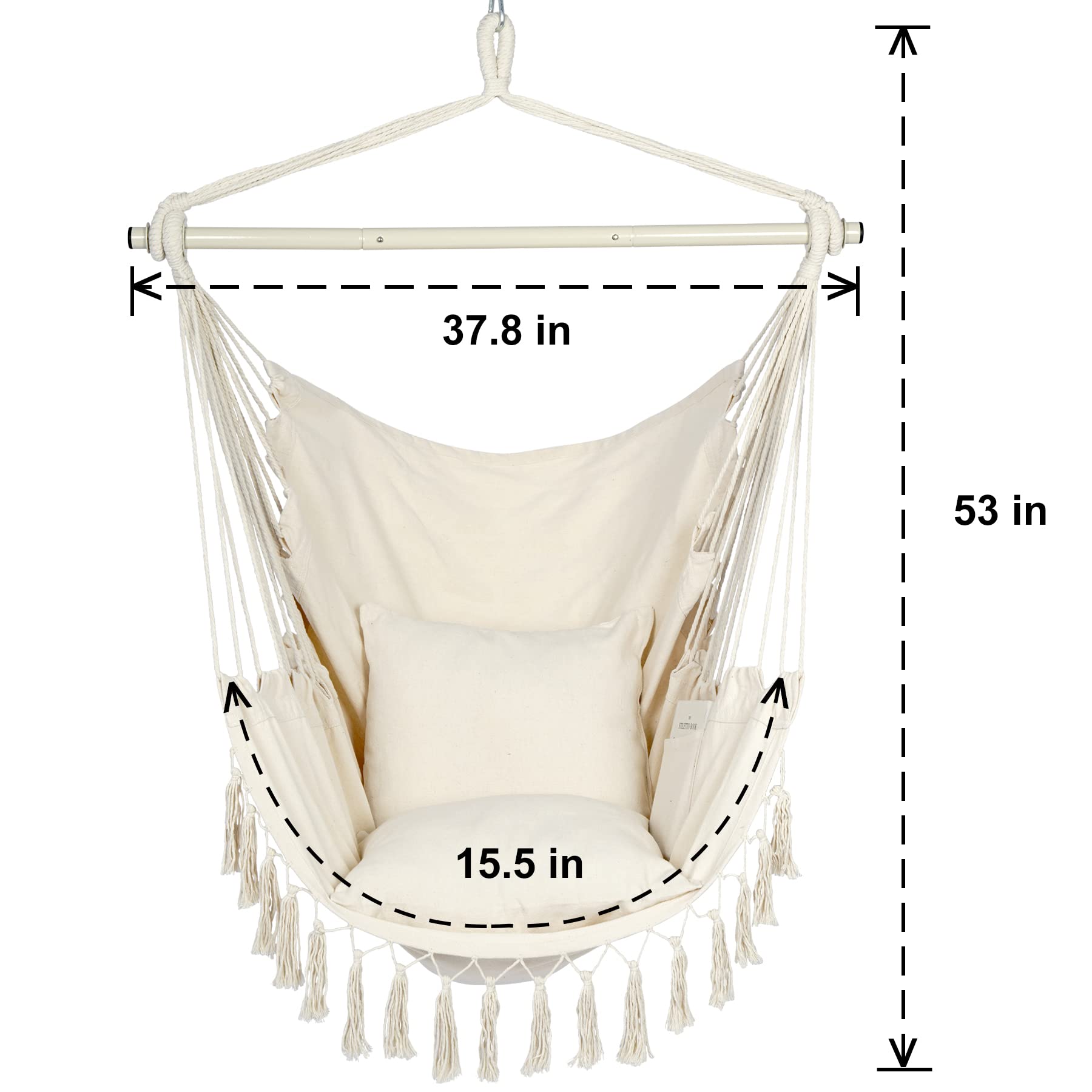 Y-STOP Hammock Chair beige with side pocket holding a book