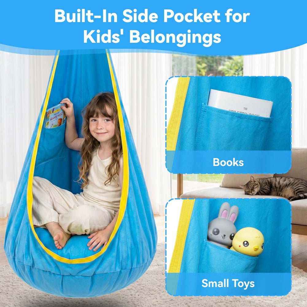 Y-STOP Kids Pod Swing Seat hanging in a children's room