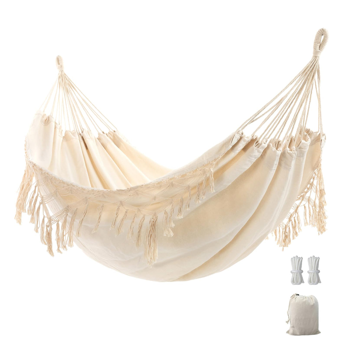 YAERSI Double Boho Macrame Hammock front view with tassels
