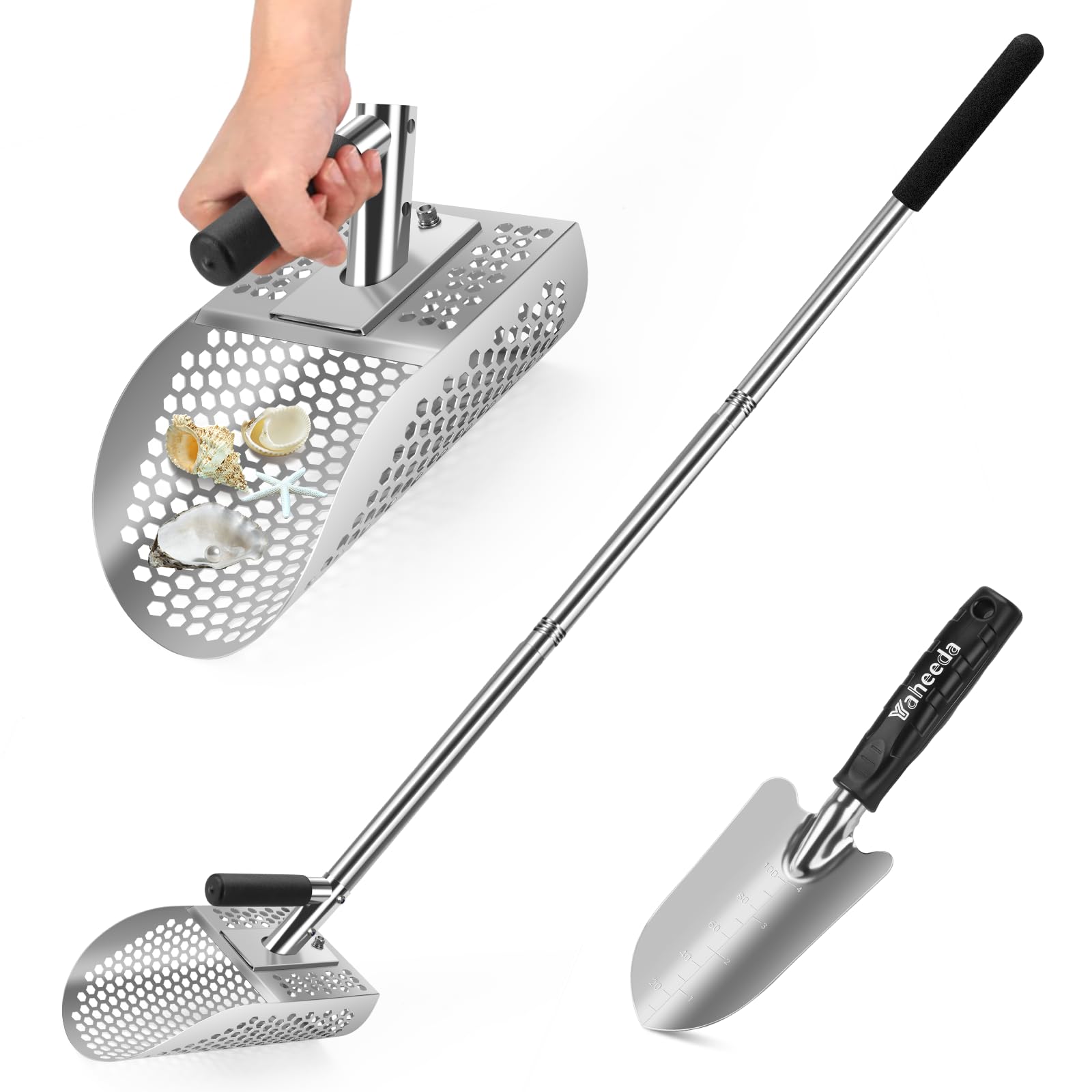 Yaheeda Long Handle Sand Scoop front view with stainless steel finish