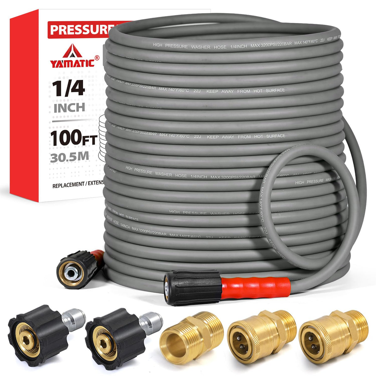 YAMATIC 100FT Flexible Pressure Washer Hose gray model front view