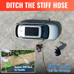 YAMATIC 50 FT pressure washer hose showing braiding and flexibility