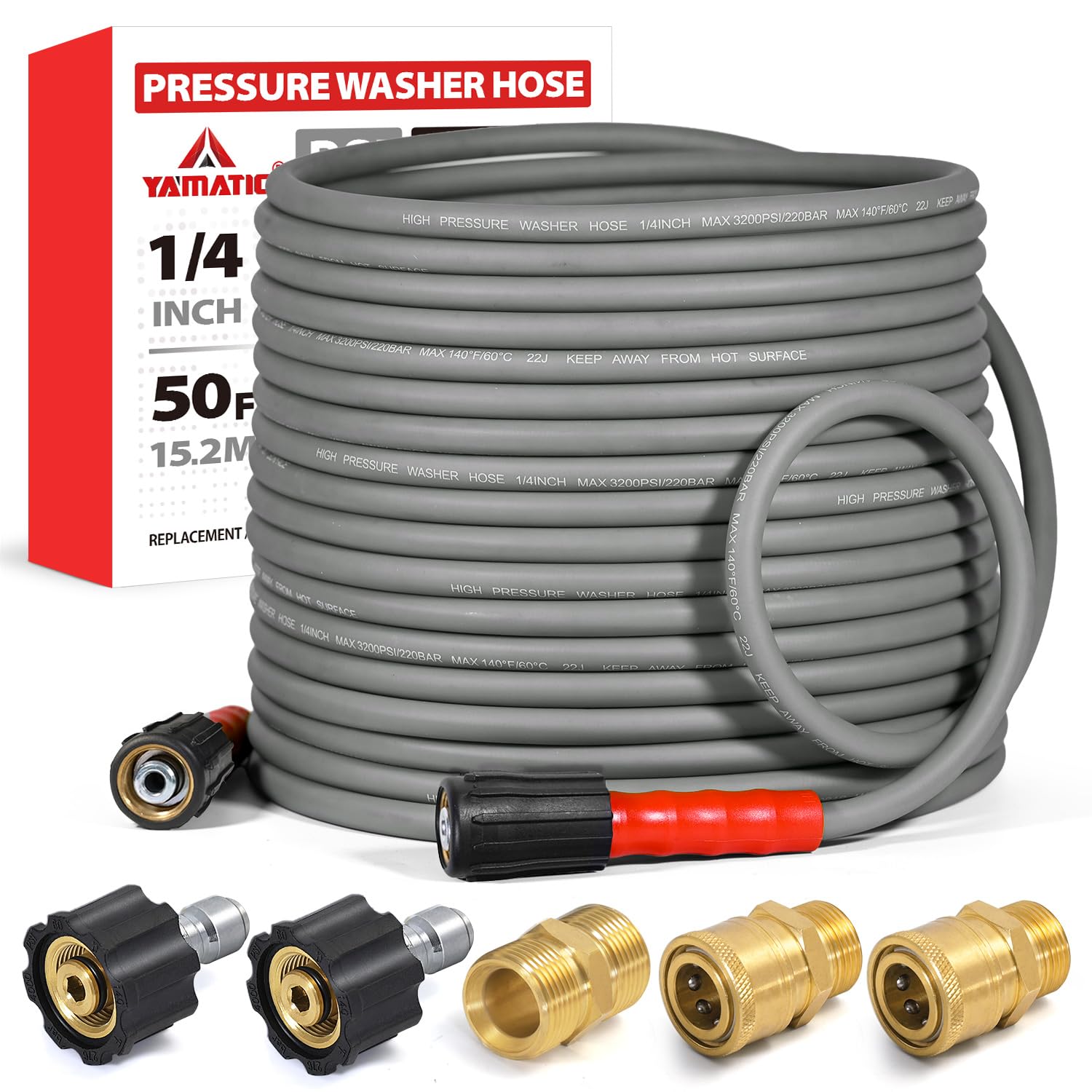 YAMATIC 50FT pressure washer hose gray color front view
