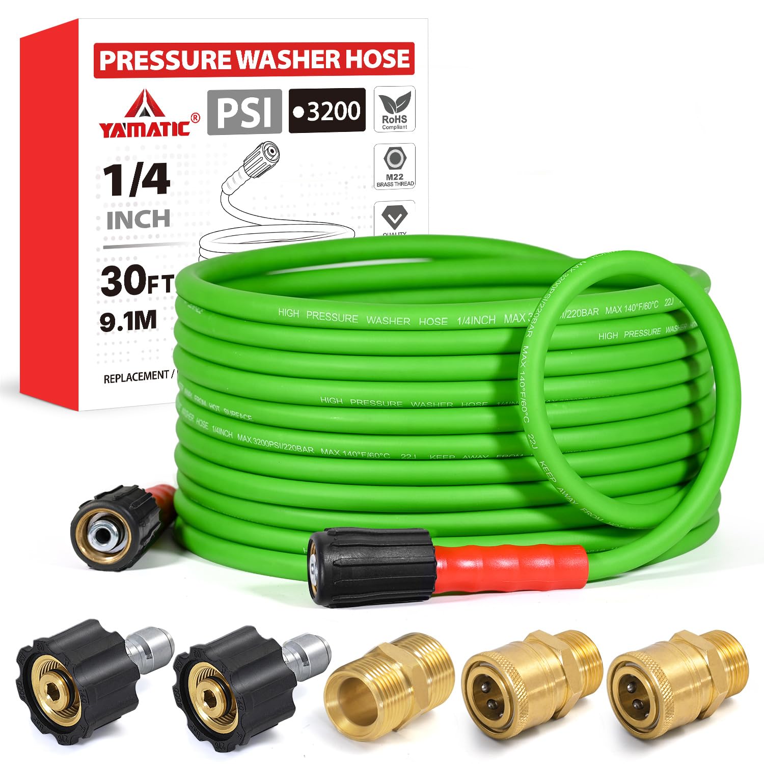 YAMATIC Flexible Pressure Washer Hose 30FT green model side view