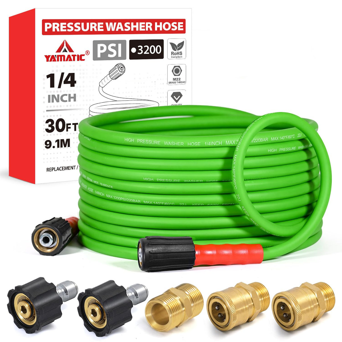YAMATIC Flexible Pressure Washer Hose 30FT green model side view