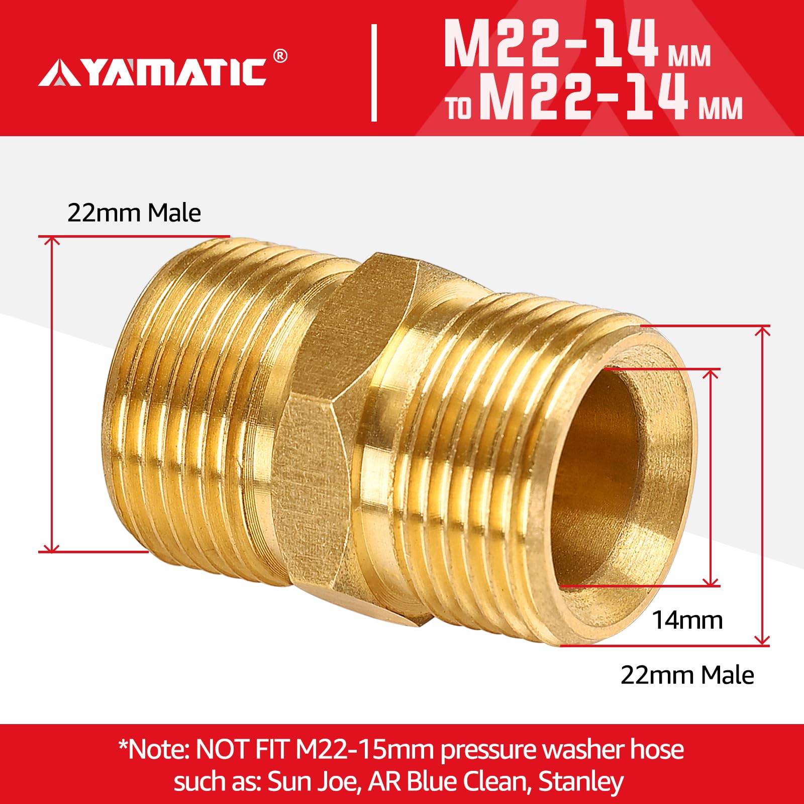 YAMATIC M22-14mm pressure washer hose connector showing brass finish