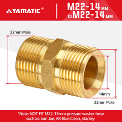 YAMATIC M22-14mm pressure washer hose connector showing brass finish