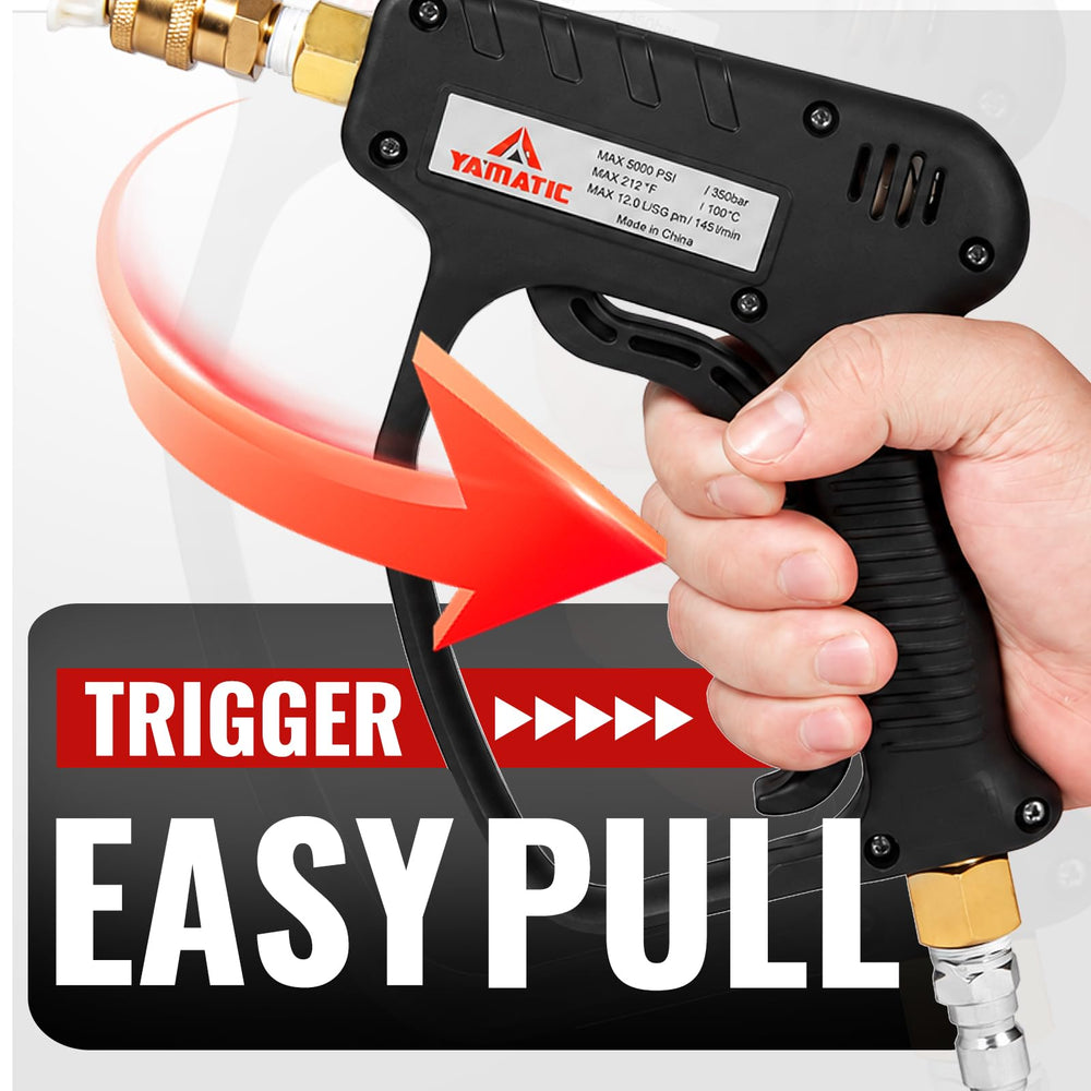 YAMATIC pressure washer gun showing solid brass fittings
