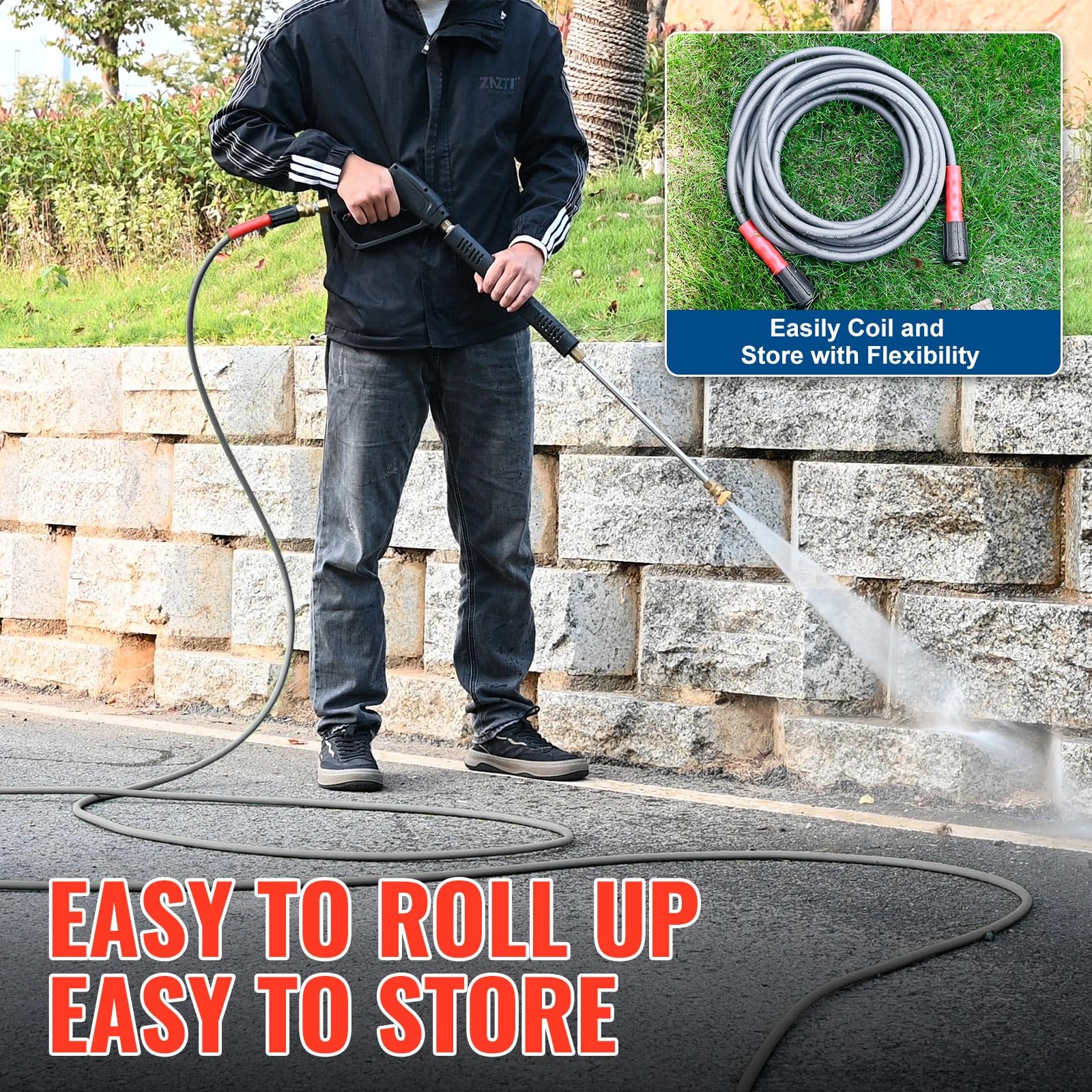 YAMATIC pressure washer hose with brass fittings close-up