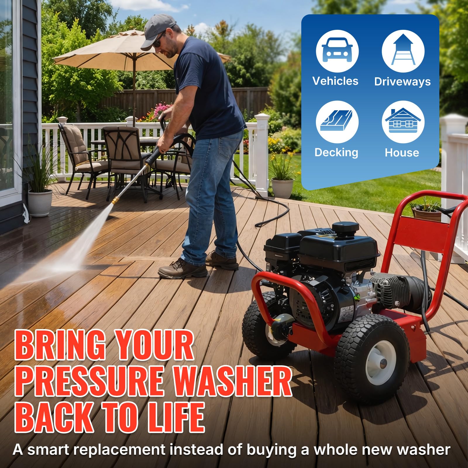 YAMATIC Pressure Washer Pump with dimensions displayed