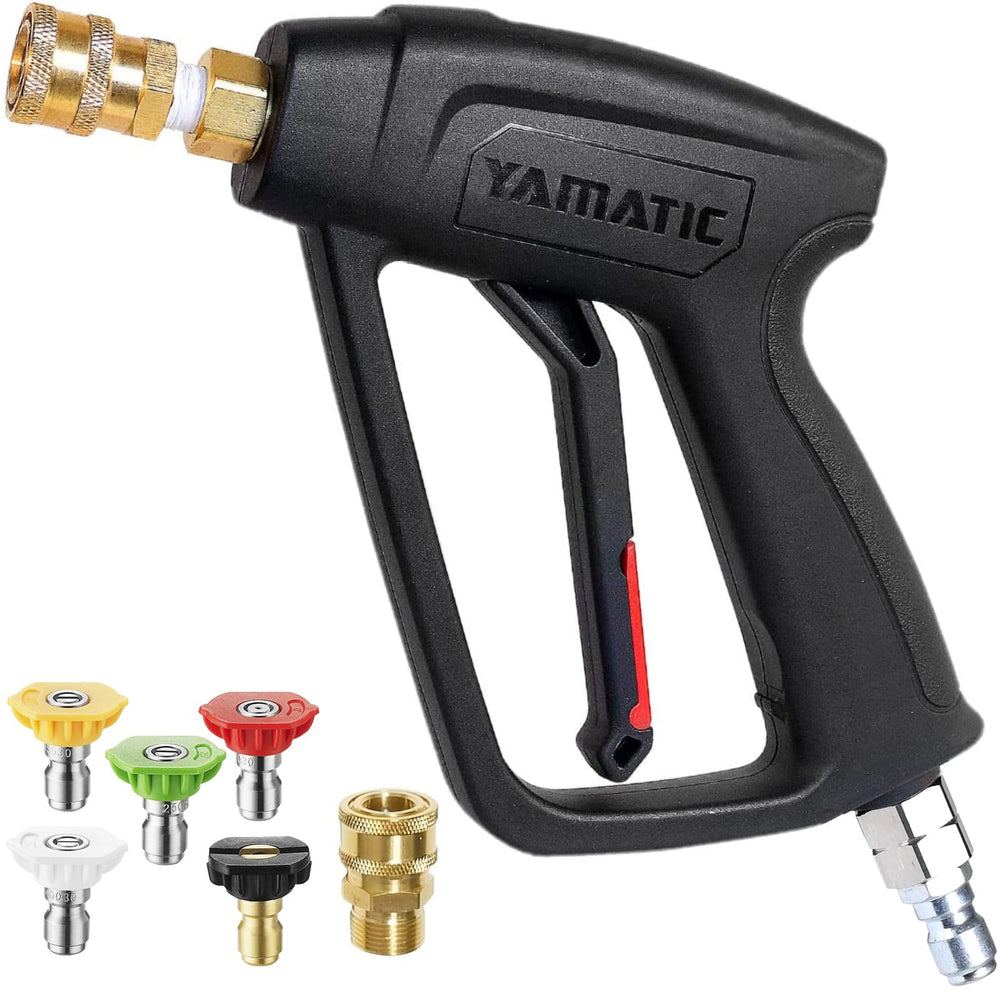 YAMATIC Short Pressure Washer Gun front view with stainless steel inlet