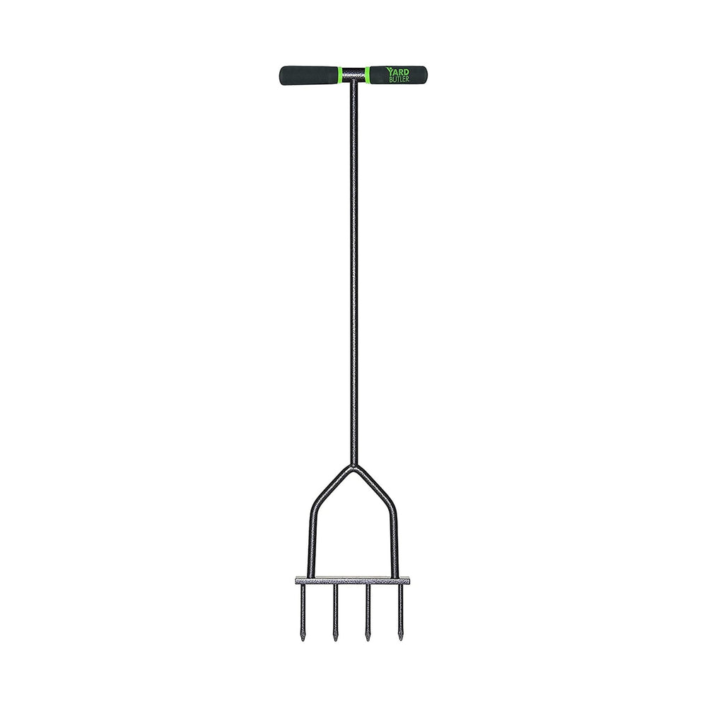 Yard Butler Spike Grass Aerator side view with long handle