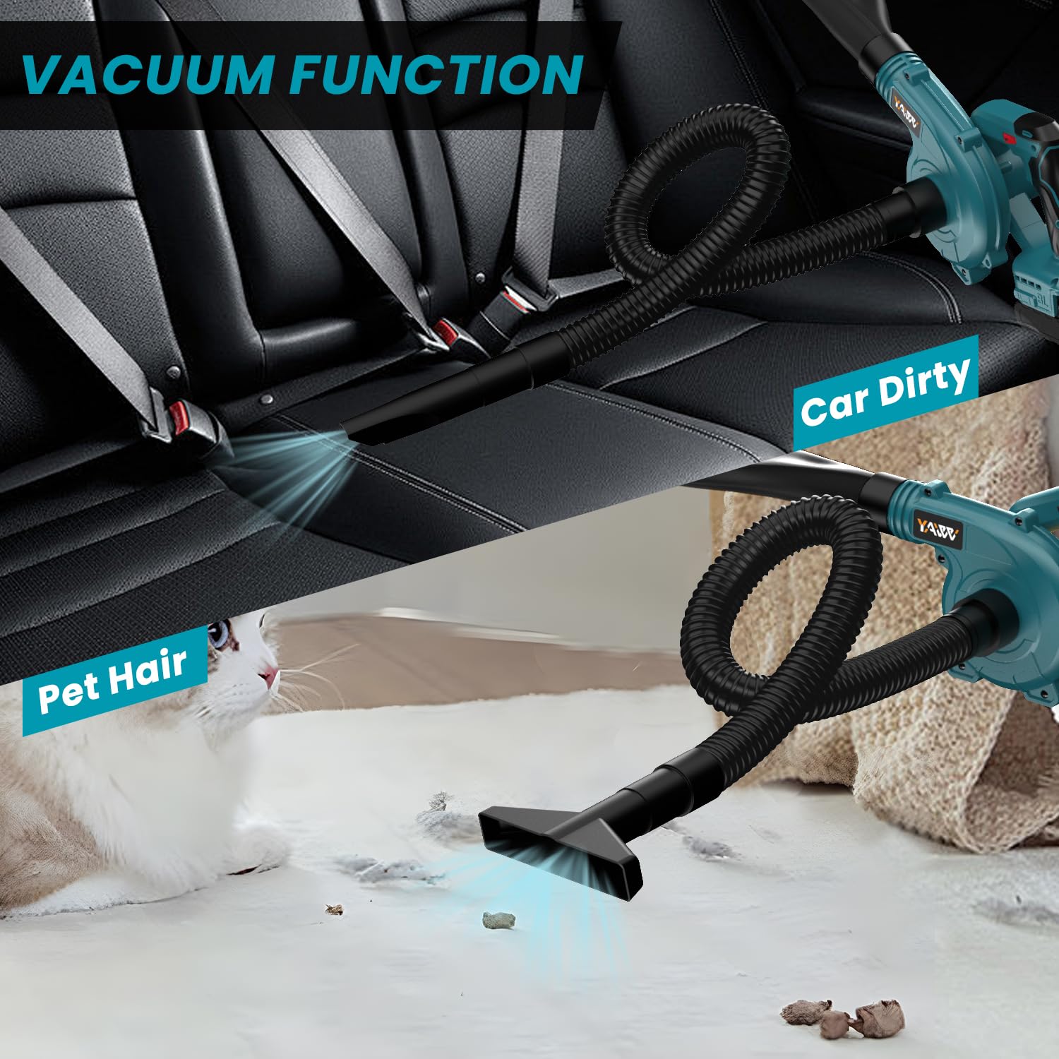 YAWV Cordless Leaf Blower demonstrating vacuum feature