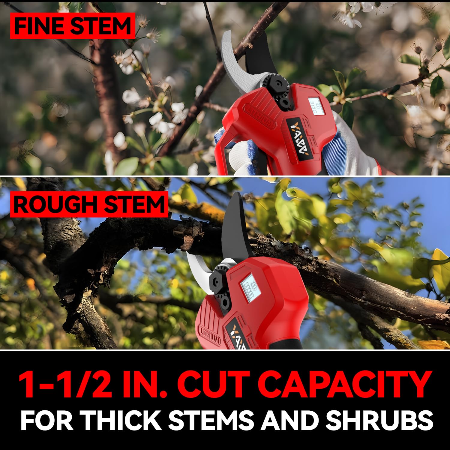 YAWV Electric Pruning Shears showing adjustable cutting diameter feature