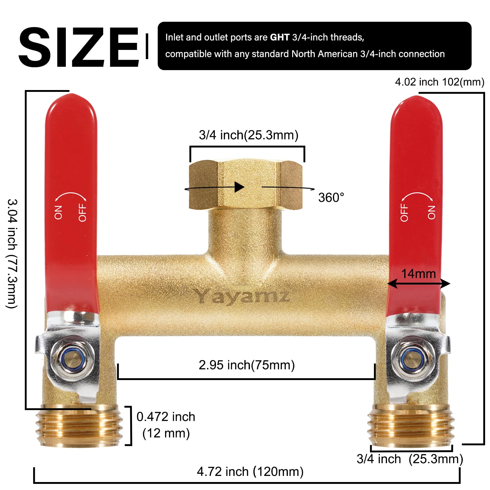 Yayamz 2 Way Garden Hose Splitter side view showing brass construction