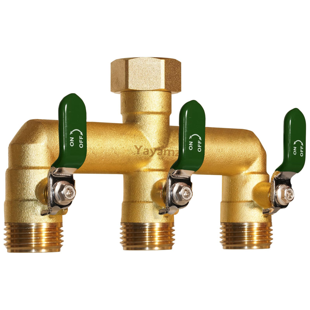 Yayamz 3-way garden hose splitter front view with green handles