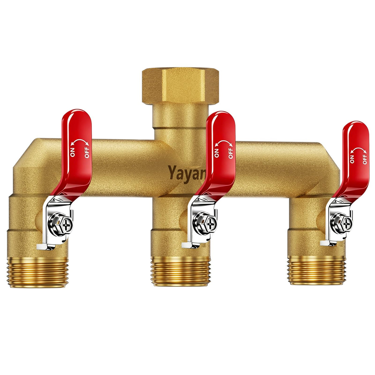 Yayamz 3-Way Garden Hose Splitter front view with red handles