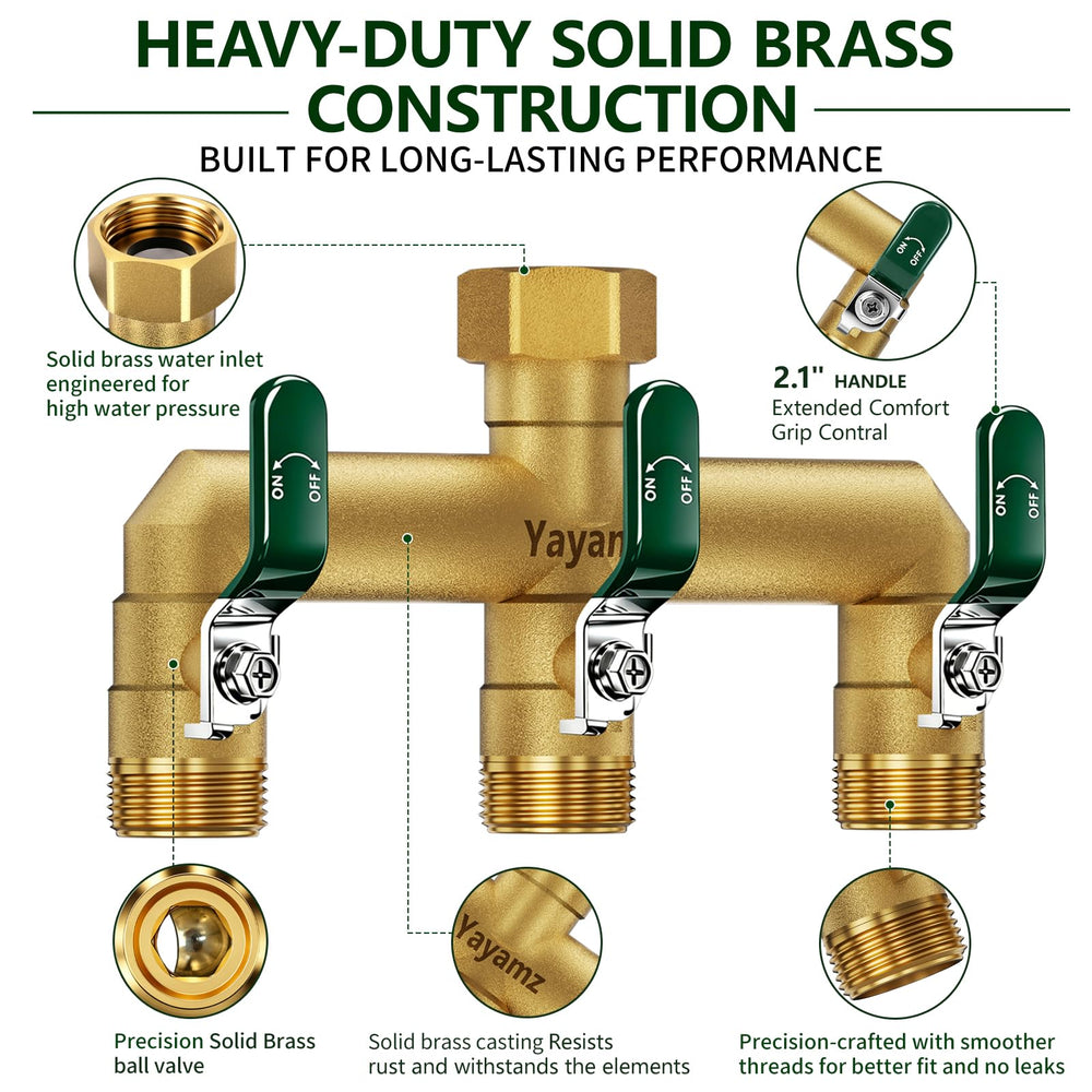 Yayamz 3-way garden hose splitter showing three outlets