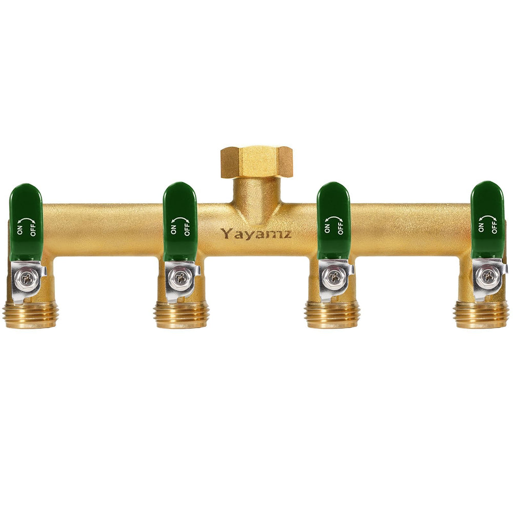 Yayamz 4 Way Garden Hose Splitter, gold and green, front view