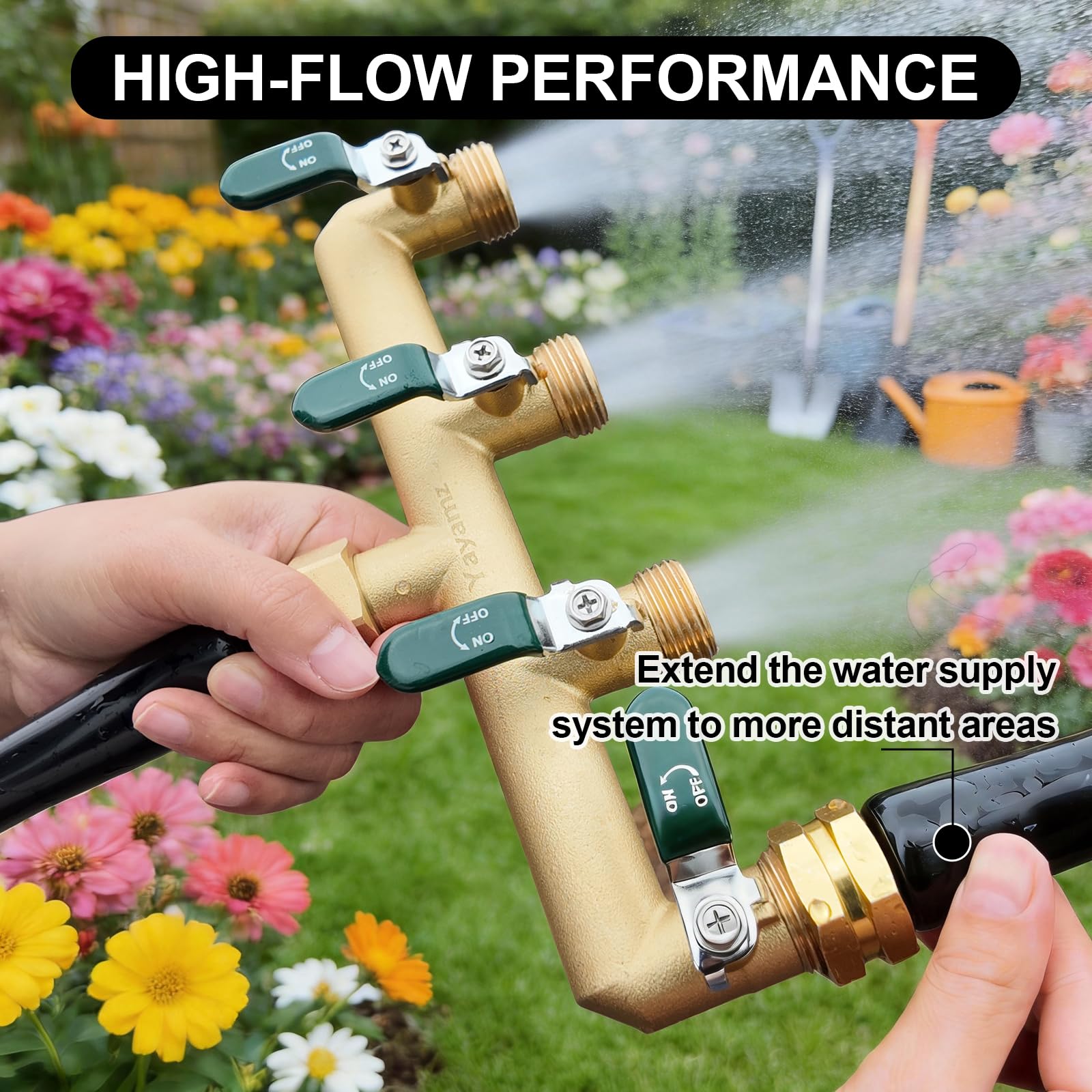Yayamz 4 Way Garden Hose Splitter, showing multiple connection points