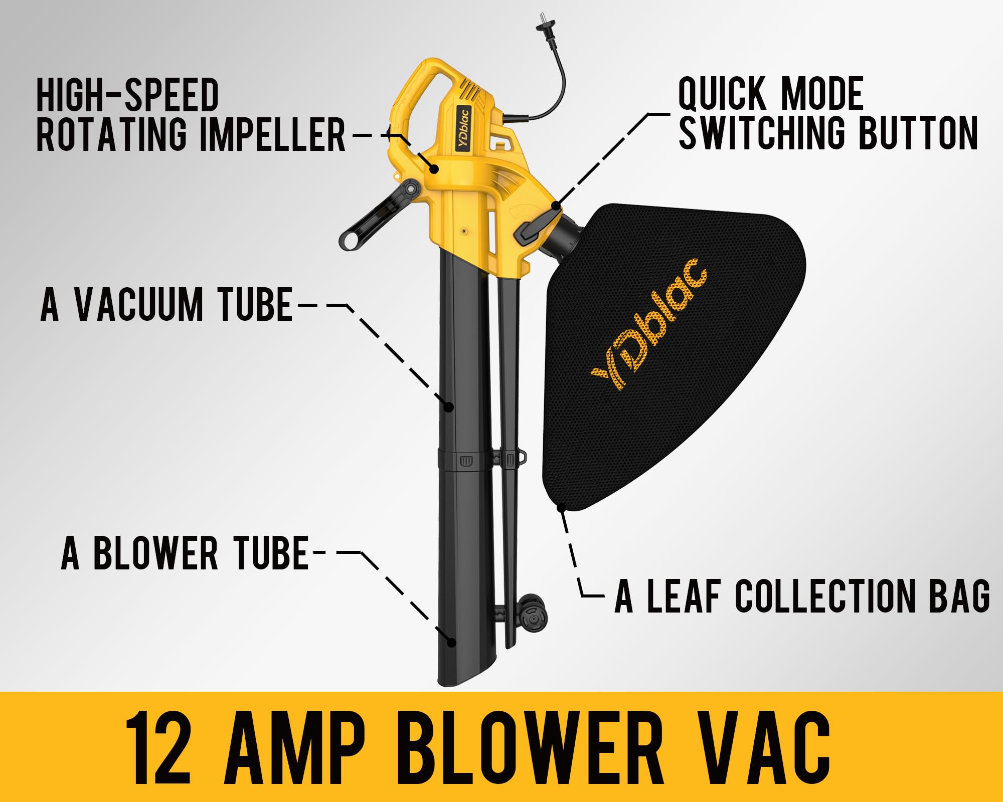 YDblac 3-in-1 Leaf Blower Vacuum side view with power cord