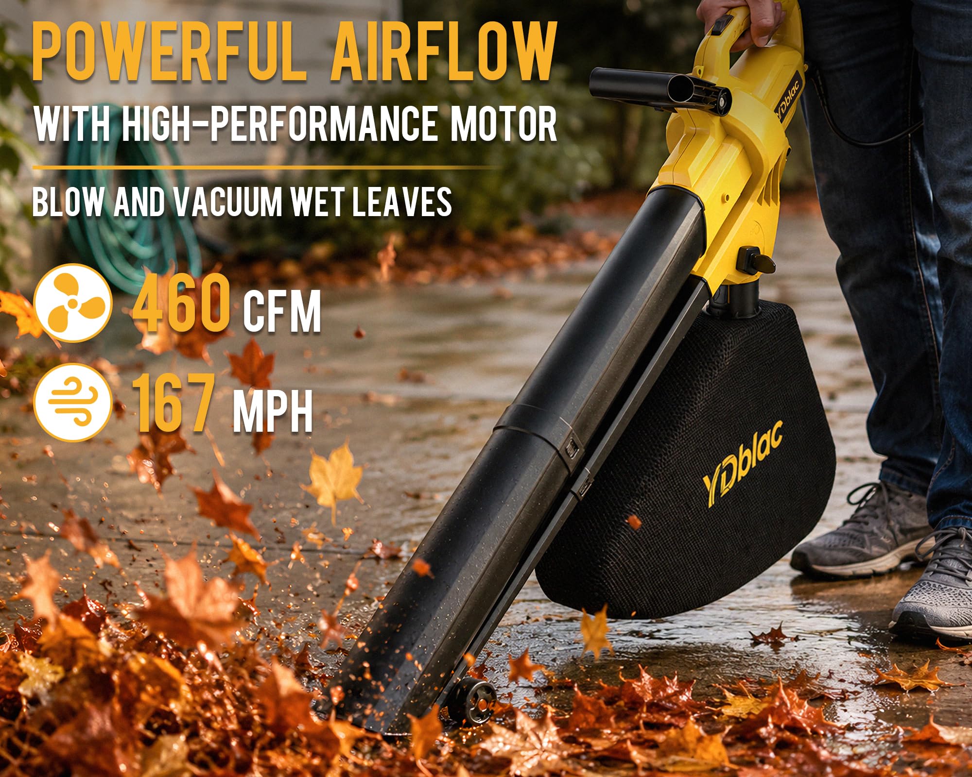 YDblac leaf blower vacuum with blower and vacuum tubes attached