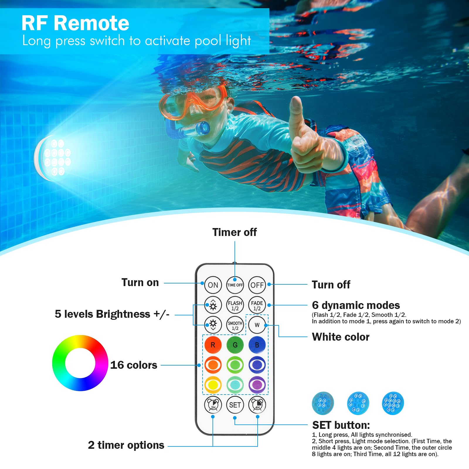 YDXZBC Pool Lights showing multiple colour options