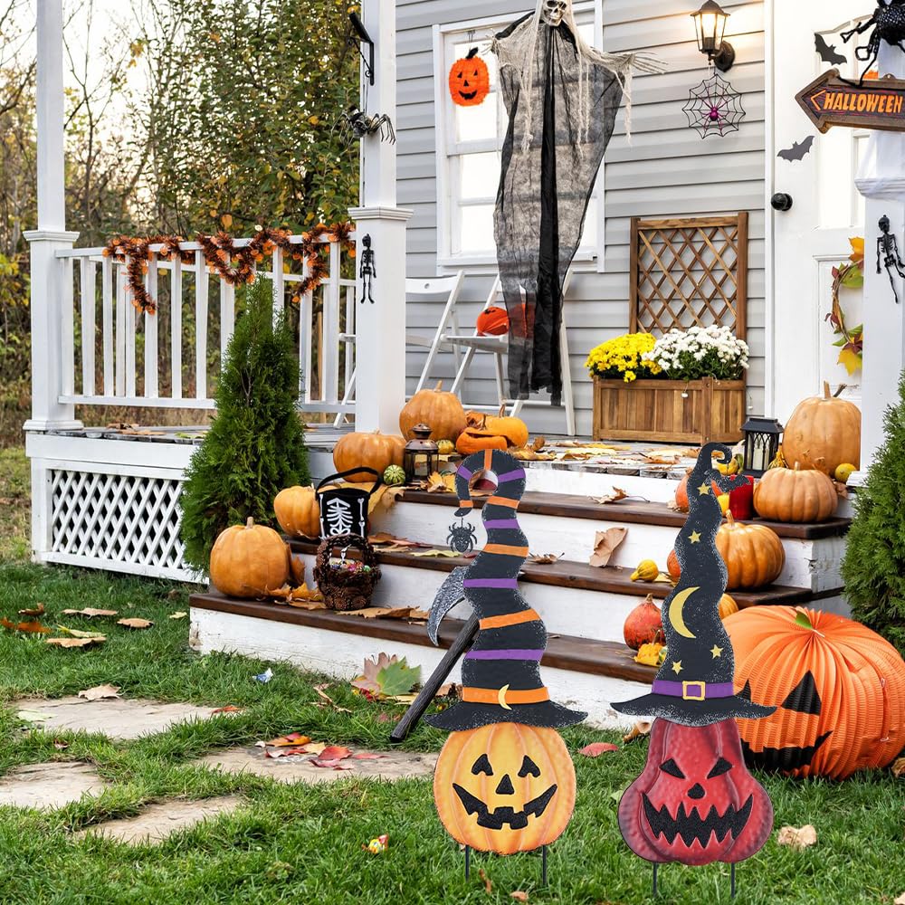 YEAHOME Black Pumpkin Garden Stake with Spider