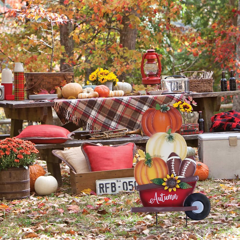 YEAHOME Fall Decorations wheelbarrow garden stakes on a porch