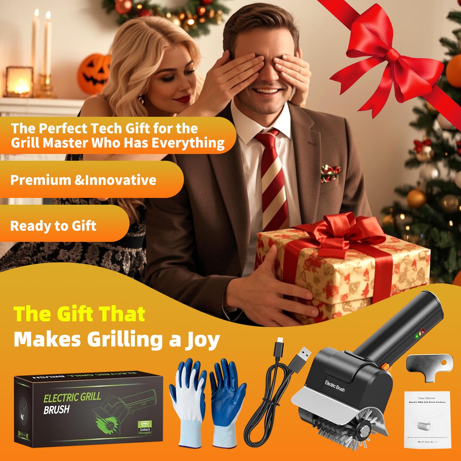 YEBLEM Electric Grill Brush displayed with BBQ grill