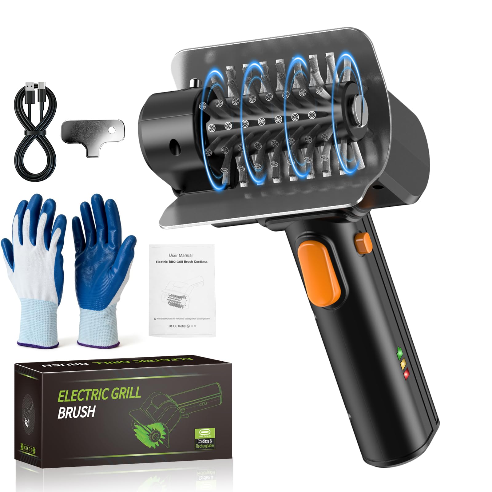 YEBLEM Electric Grill Brush front view with orange button