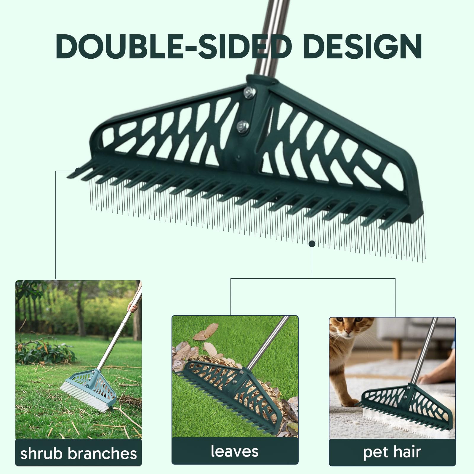 YEELOR Double-Sided Turf Rake showing fine and coarse teeth