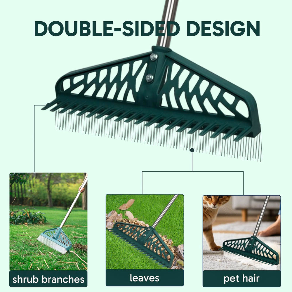 YEELOR Double-Sided Turf Rake showing fine and coarse teeth