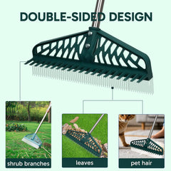 YEELOR Double-Sided Turf Rake showing fine and coarse teeth