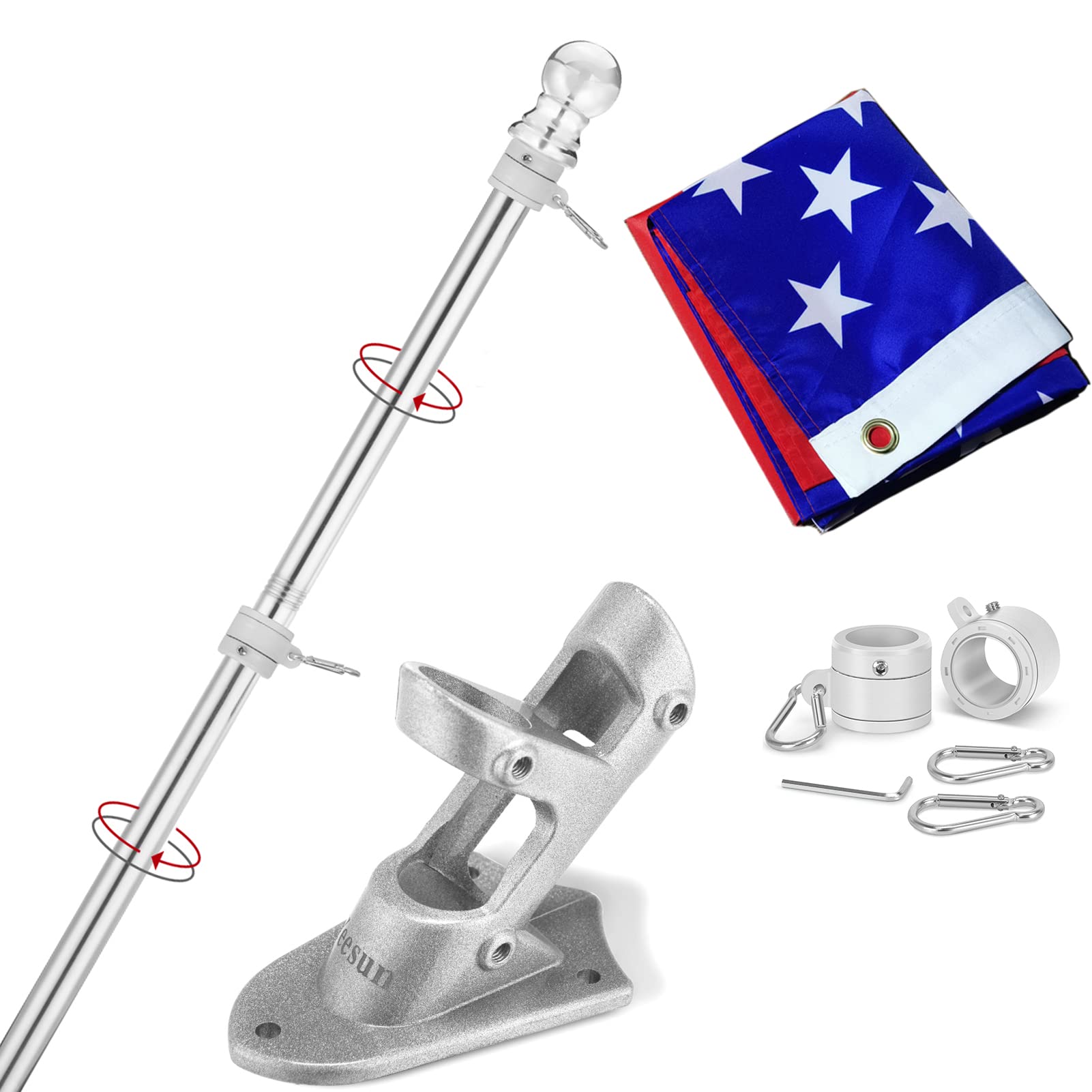 Yeesun 6FT Flag Pole with 3x5 FT American Flag, Silver