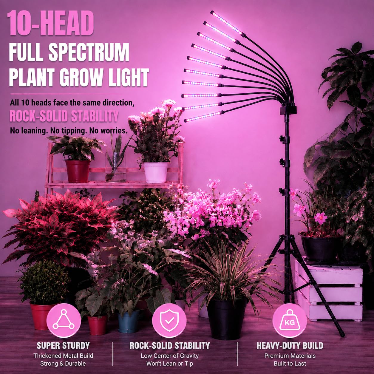Yehsence grow light in use with indoor plants, demonstrating full spectrum lighting