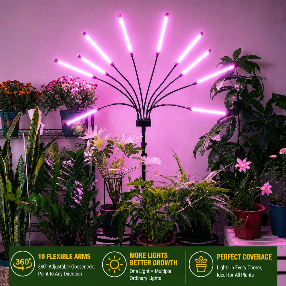 Yehsence grow light with 10 heads illuminating various indoor plants