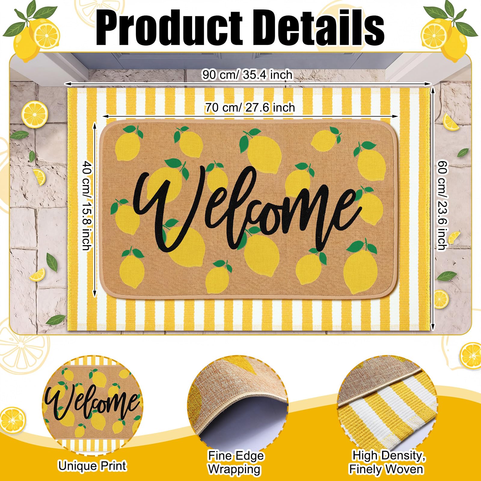 Yellow and white striped rug front view, part of Tinideya door mat set