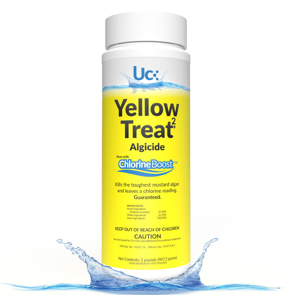 Yellow Mustard 2 lb algaecide bottle with label