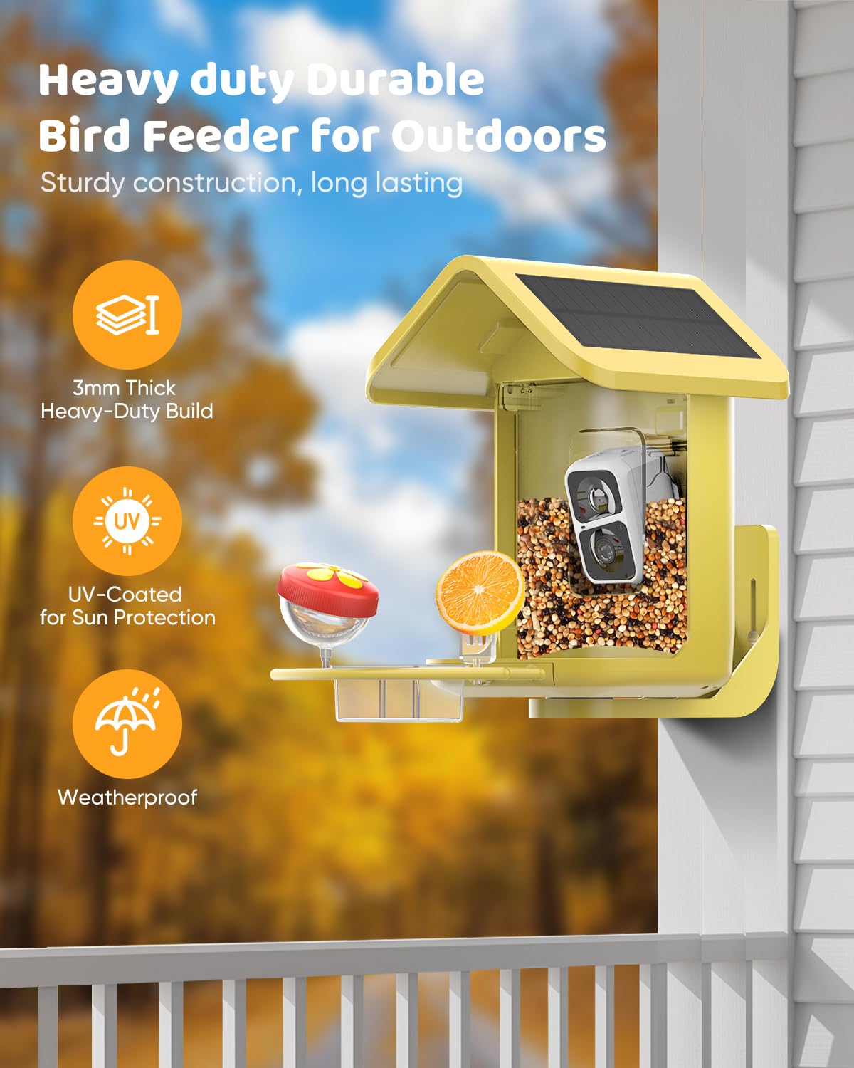 Yellow onlyfly Smart Bird Feeder in a backyard setting