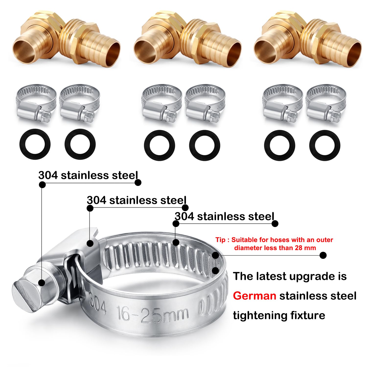 YELUN brass hose connectors with stainless steel clamps and rubber gaskets