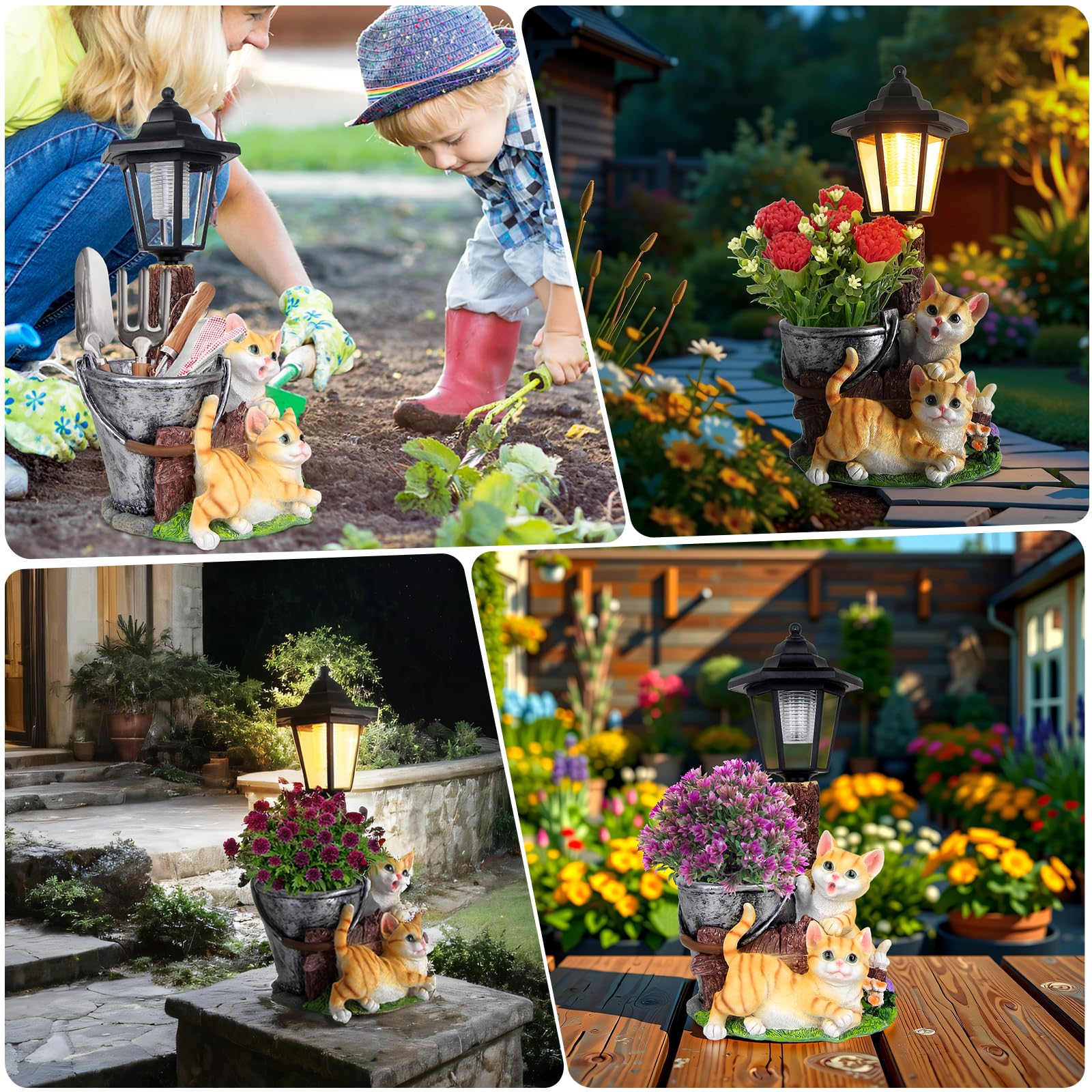 YEPOTUE Solar Cat Outdoor Statues with flowers in planter