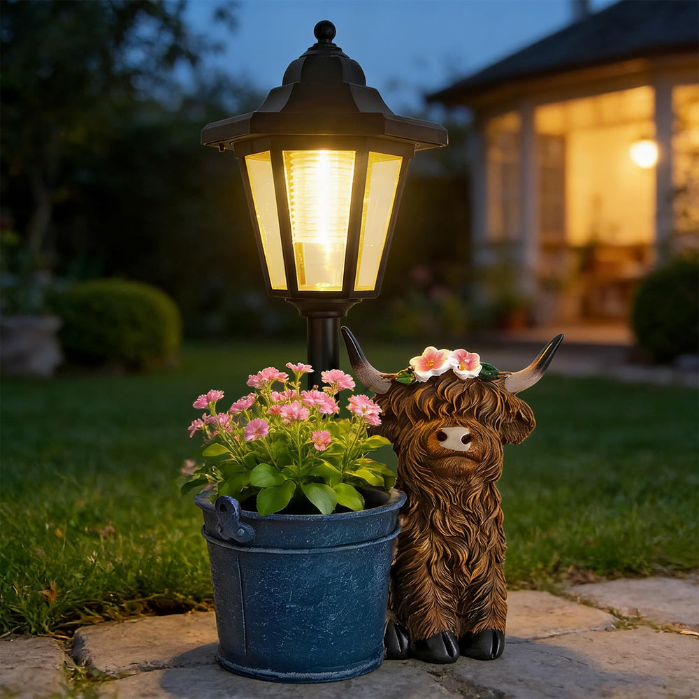 YEPOTUE Solar Highland Cow Outdoor Statue with floral headdress