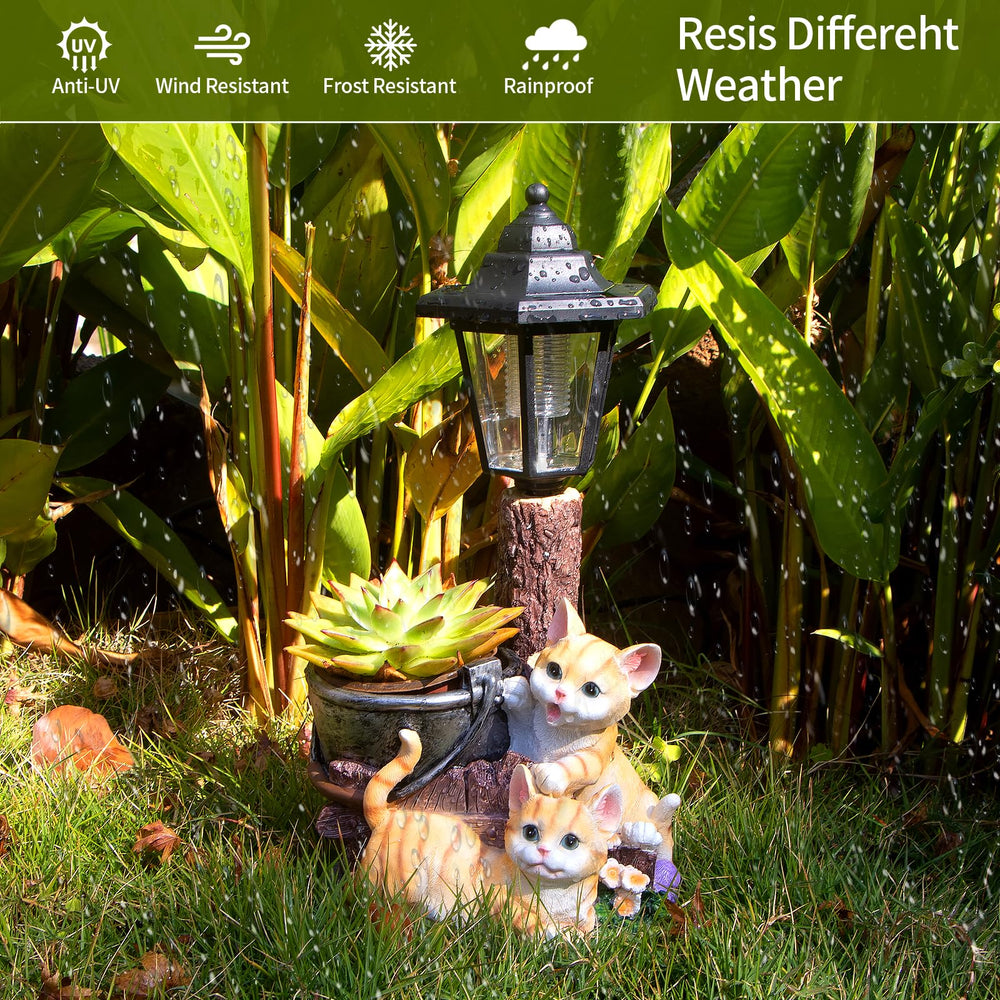 YEPOTUE Solar Lantern glowing at night with cat statue