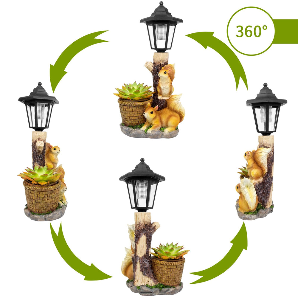 YEPOTUE Solar Squirrels Outdoor Statue side view with flowerpot