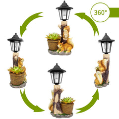 YEPOTUE Solar Squirrels Outdoor Statue side view with flowerpot