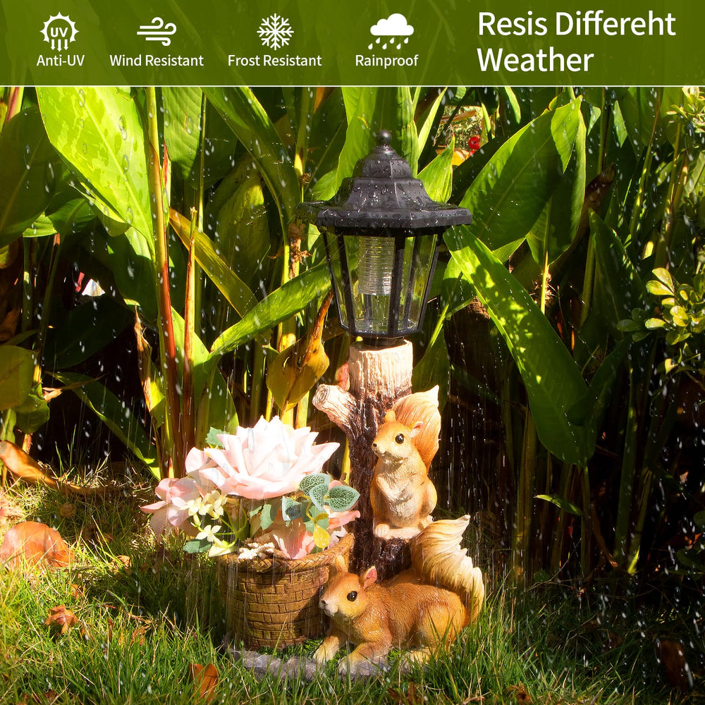 YEPOTUE Solar Squirrels Outdoor Statue with flowers in planter